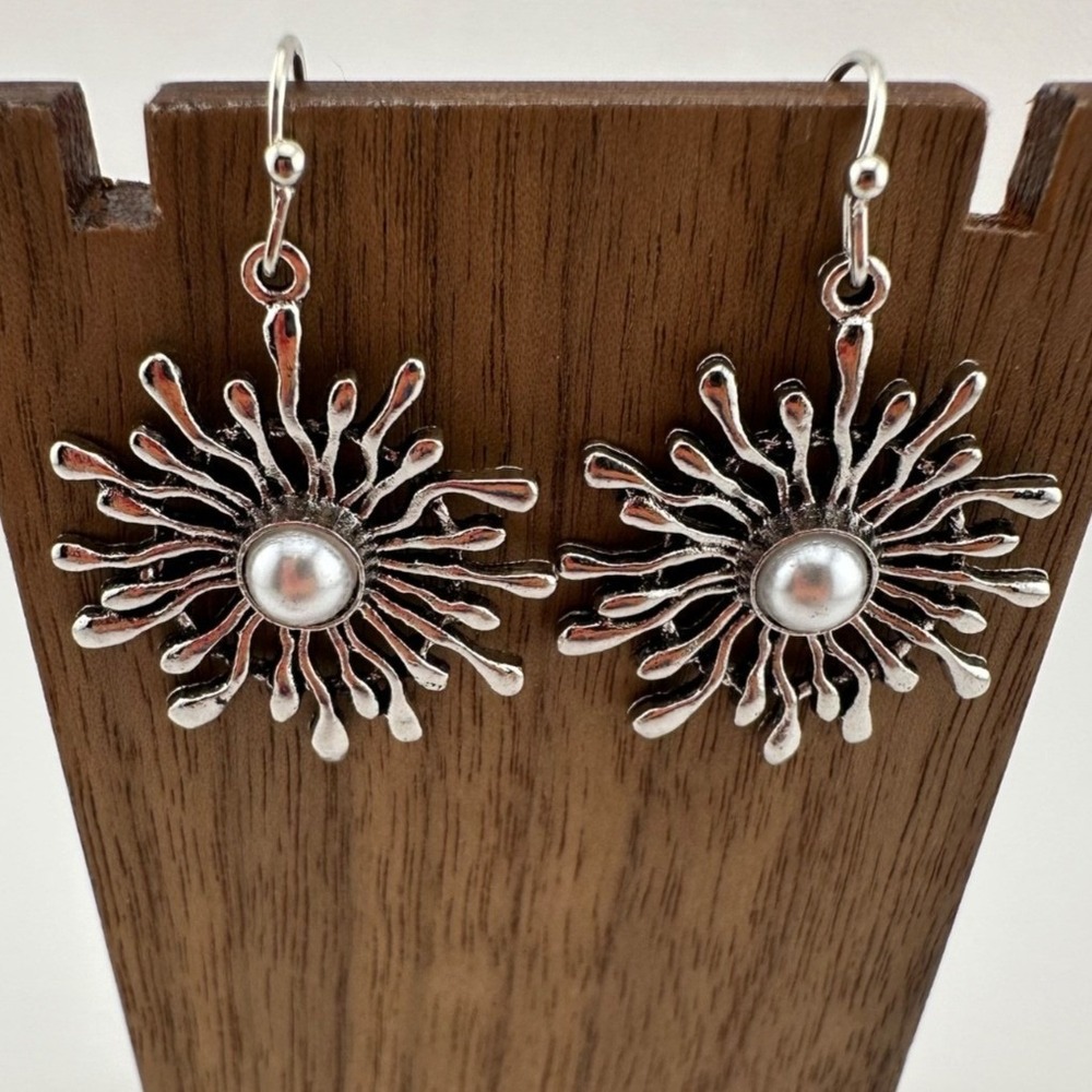 Silver Tone & Faux Pearl Starburst Earrings